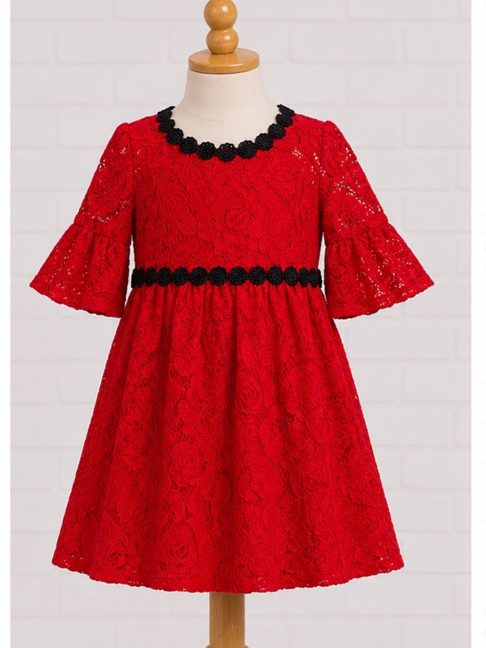 Kate Spade New York Girls Red Lace Holiday Dress Size 5 Black Trim Christmas EUC